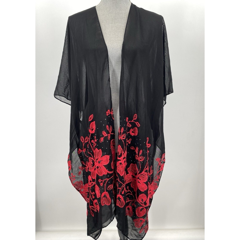 Jessica McClintock Black And Red Embroidered Sheer Kimono One Size